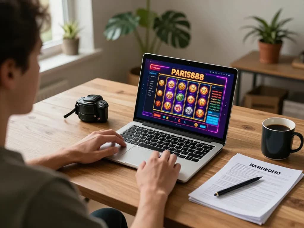 Engaging in Paris888 online gambling with vibrant slots on laptop in cozy home setup