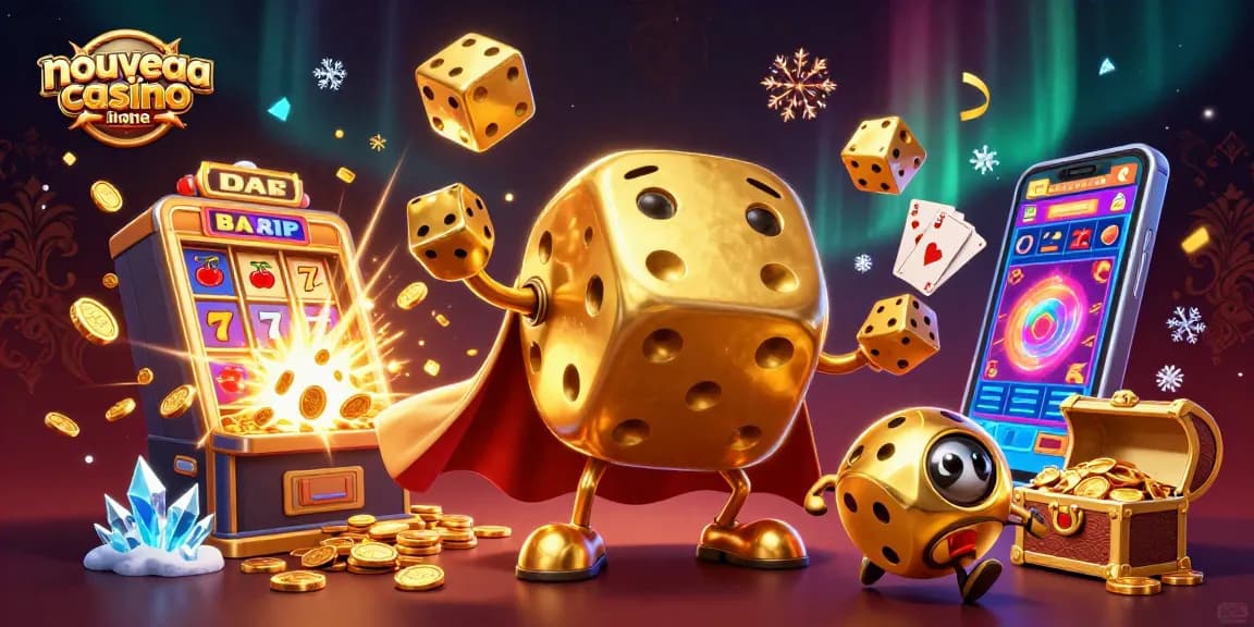 Découvrez un nouveau casino en ligne avec des dés dorés et une machine à sous débordante de pièces.