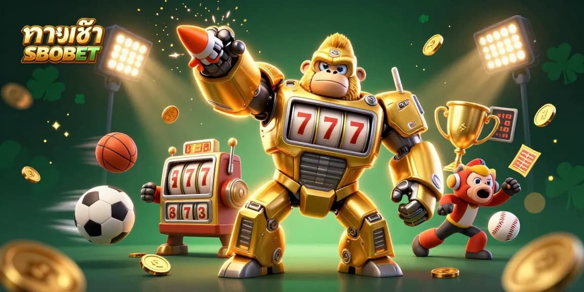 Access the latest ทางเข้า SBOBET with golden gorilla mech, sports balls, and vibrant casino elements.