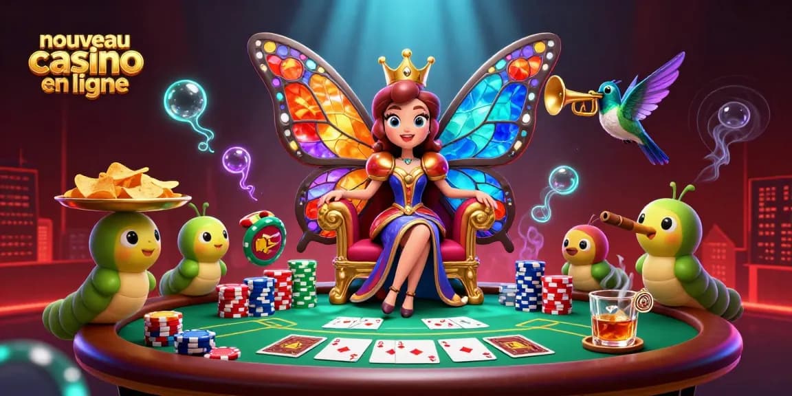 Illustration dynamique d'un nouveau casino en ligne avec la reine papillon entourée de jetons et de cartes de poker.