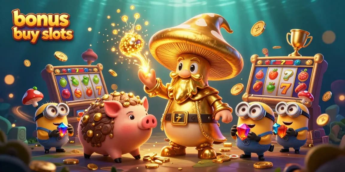Experience thrilling bonus buy slots with vibrant characters and exciting gaming elements in this 3D illustration.