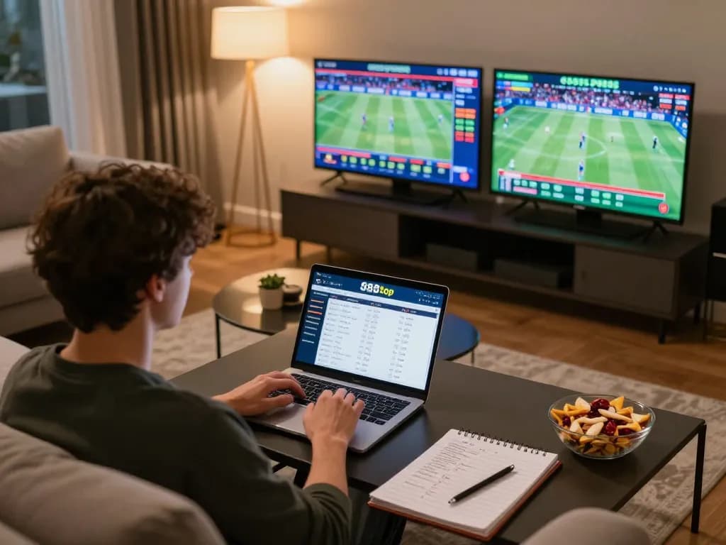 Person engaging in sports betting online via 888top from a cozy home setup, showcasing focus and strategy.