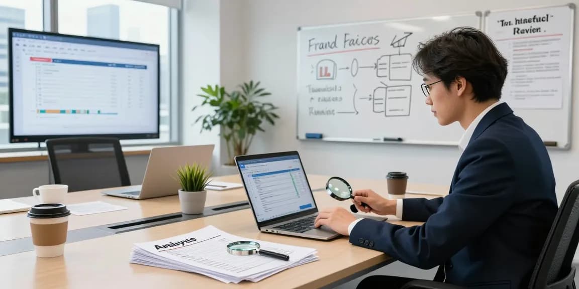 Detect fraud invoice with finance professionals analyzing data in a modern office.