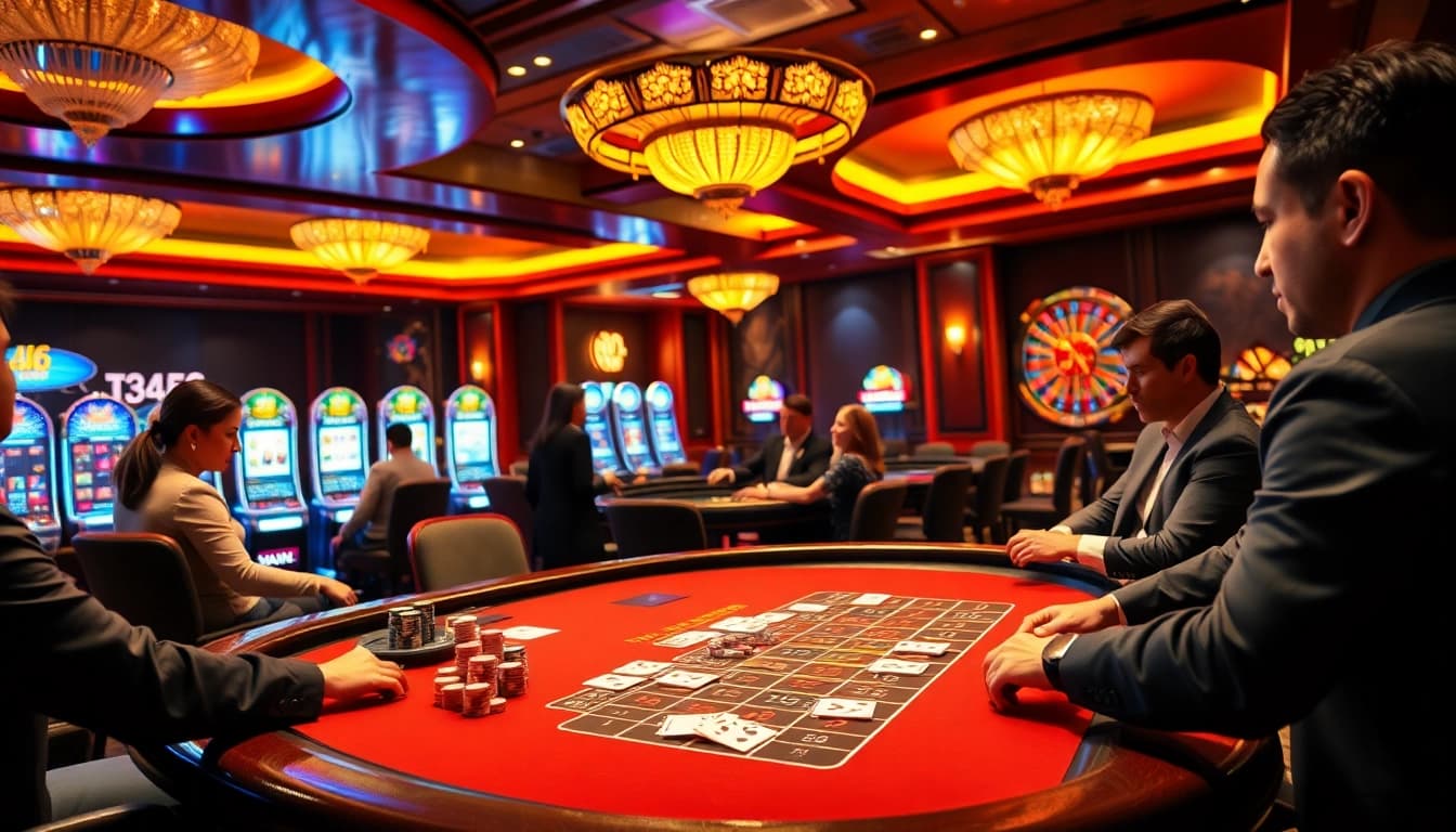 Engaging players at a luxury gaming table in nhà cái xin88 casino, surrounded by vibrant slot machines and poker chips.