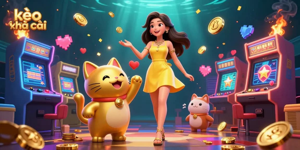 Engage with kèo nhà cái through a playful scene showcasing an Asian woman with a lucky cat mascot amid vibrant casino elements.
