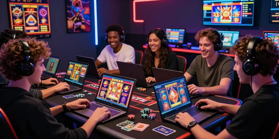 Players enjoying bonus buy slots in a modern casino setup with vibrant graphics and excitement.