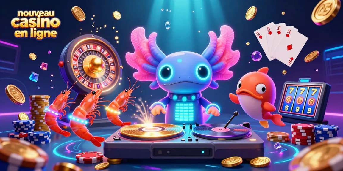 Illustration créative représentant le nouveau casino en ligne avec un axolotl DJ et des éléments de jeu dynamique.
