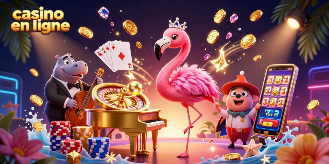 Profitez d'une expérience de jeu authentique avec un casino en ligne animé par une chanteuse flamant et un bassiste hippopotame.