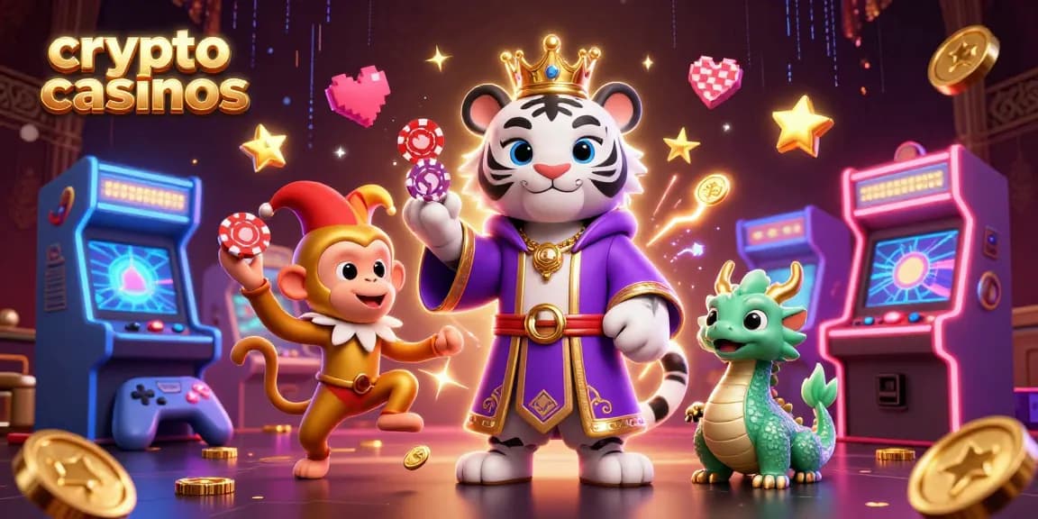 Dans les crypto casinos, un tigre blanc élégant et un singe jongleur se rencontrent dans une illustration animée.