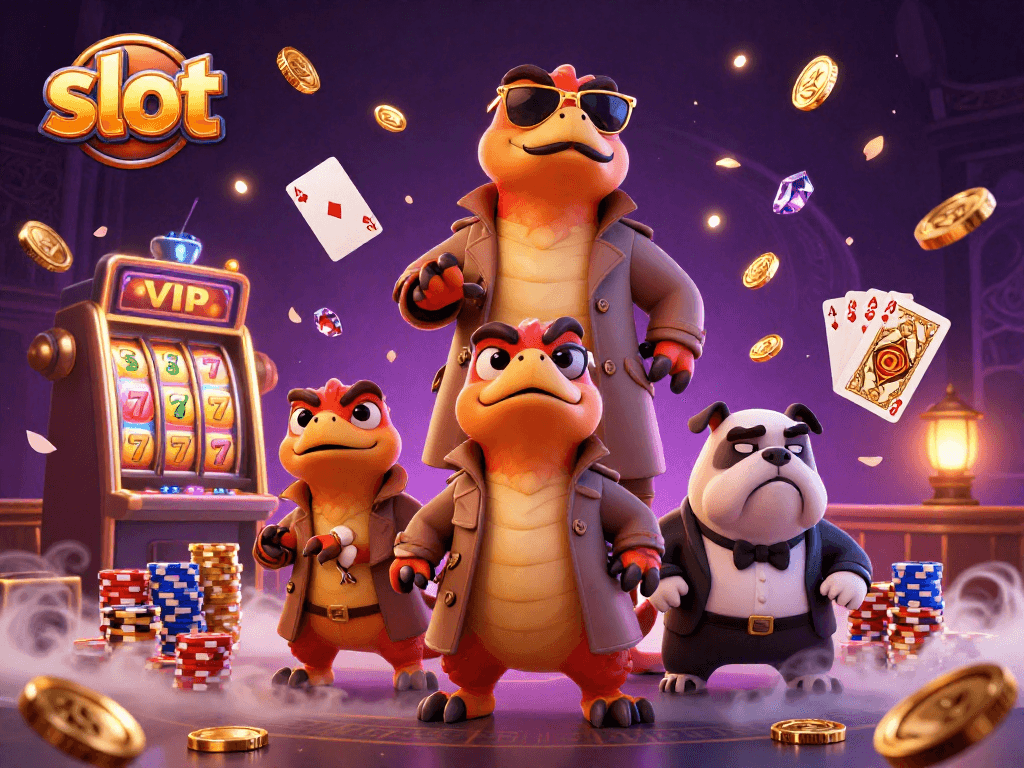 Experience thrilling slot gameplay surrounded by raptors in a trench coat in a lavish casino.