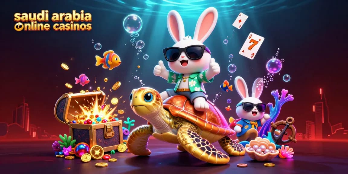 Engage with saudi arabia online casinos in a vibrant underwater casino scene with cartoon characters.
