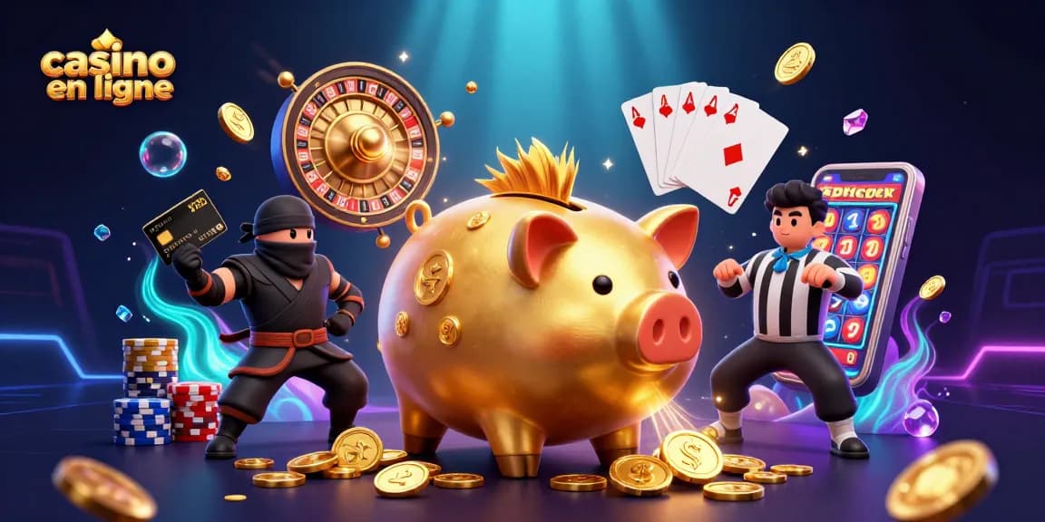 Le casino en ligne est illustré avec un sumo en forme de tirelire dorée, lançant des pièces et entouré d'éléments de jeu dynamiques.