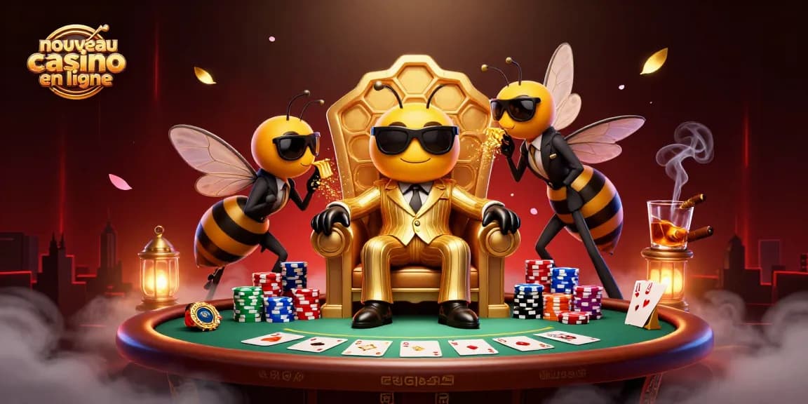 Illustration captivante d'un nouveau casino en ligne avec un boss bourdon et des éléments de jeu dynamique.
