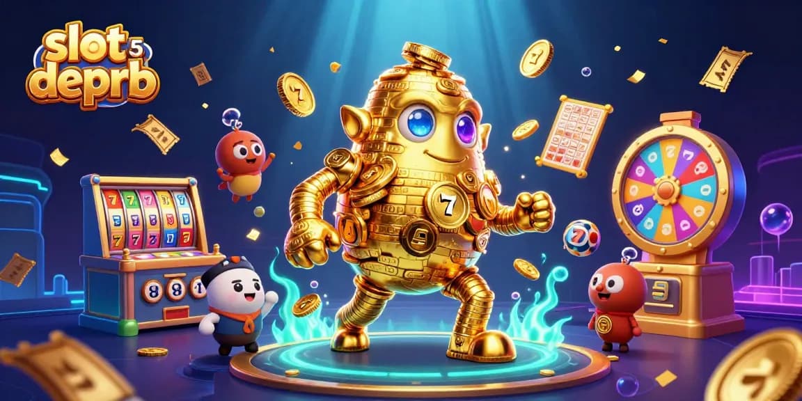 Engage your luck with slot depo 5rb's vibrant, 3D casino illustration featuring golden golems.