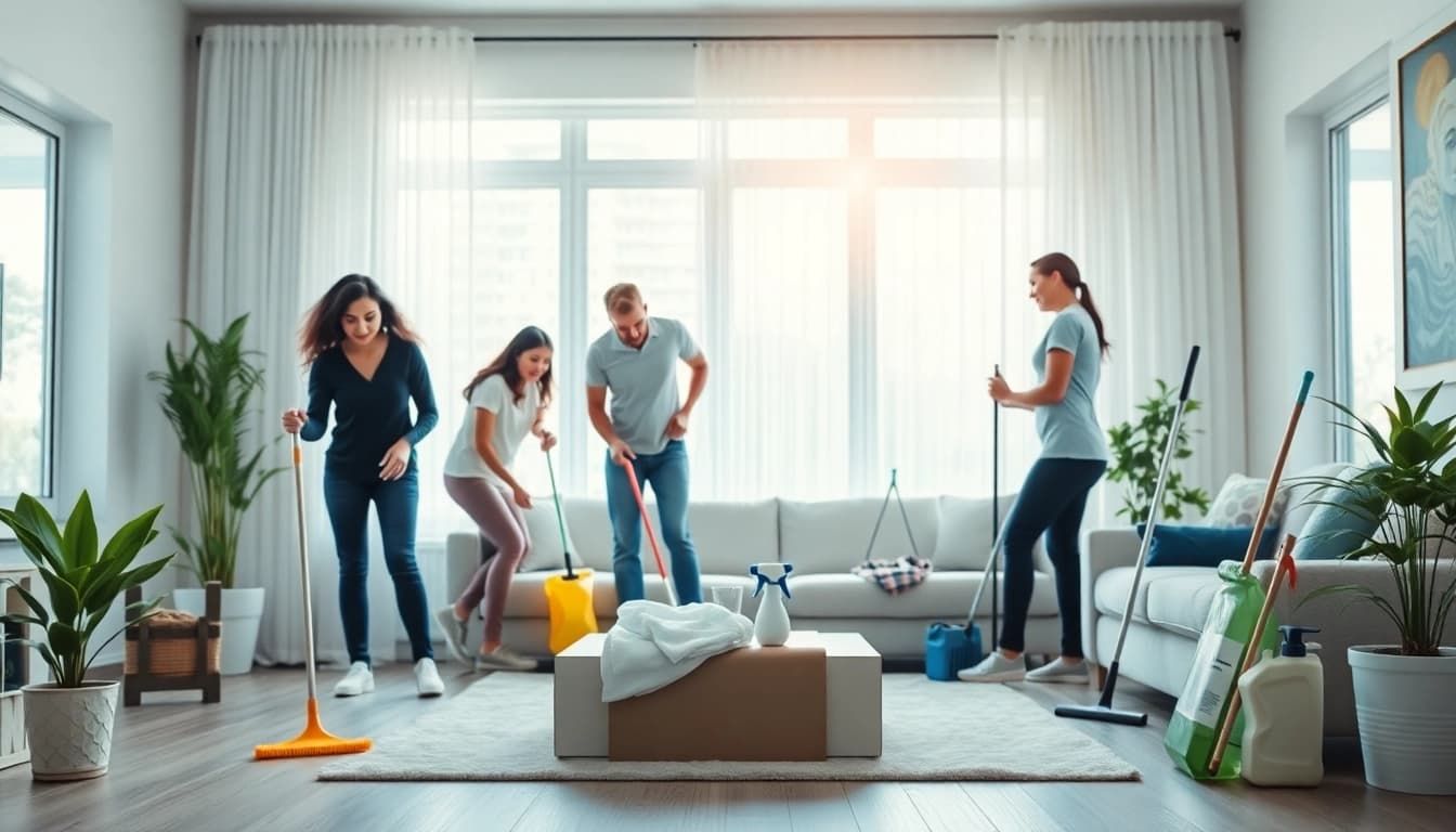 Team providing Cleaning Service in a modern home setting while showcasing teamwork and professionalism.