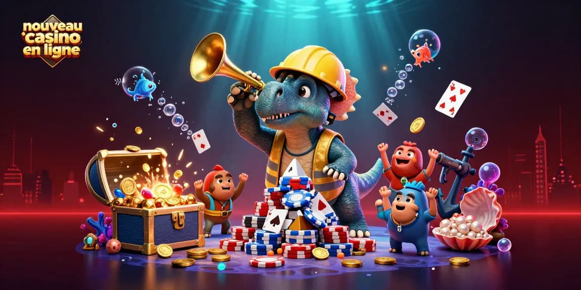 Des dragons célébrant un nouveau casino en ligne avec des jetons de poker et des trésors sous-marins.