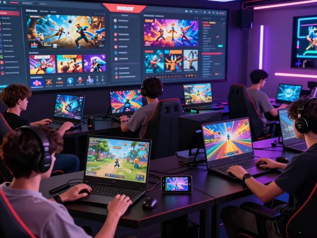 Engaging online gaming community scene featuring diverse players enjoying game hubet88, showcasing various devices and vibrant digital elements.