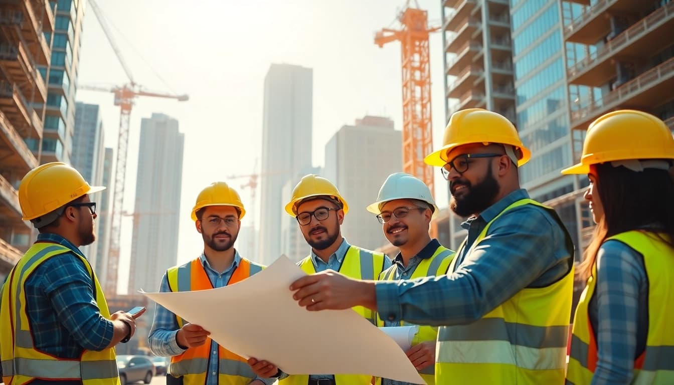 Construction advocacy professionals collaborating on a busy construction site.