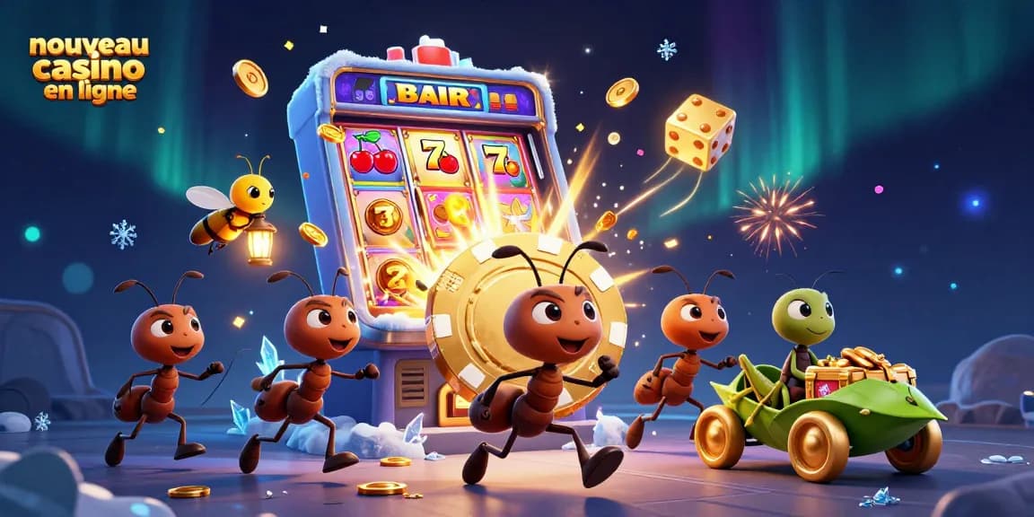 Les fourmis transportant un jeton de poker dans un nouveau casino en ligne, explosant de pièces et de lumière.