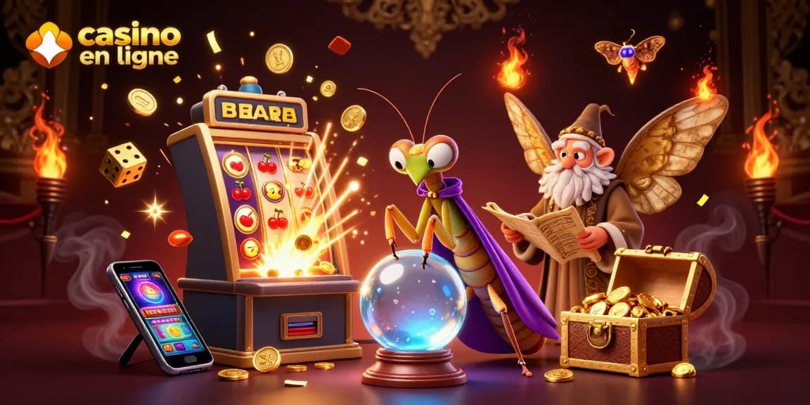Visitez le casino en ligne avec la chance symbolisée par un mante religieuse mystique et un livre ancien.