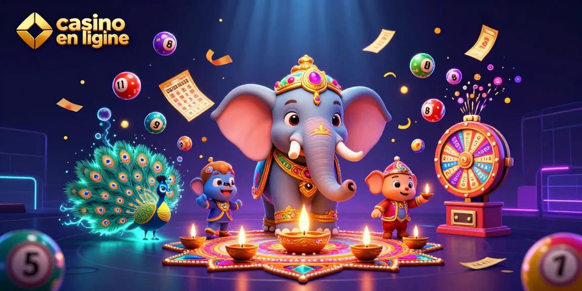 Jouez à des jeux de casino en ligne avec l'éléphant coloré et des éléments de loterie ludique.