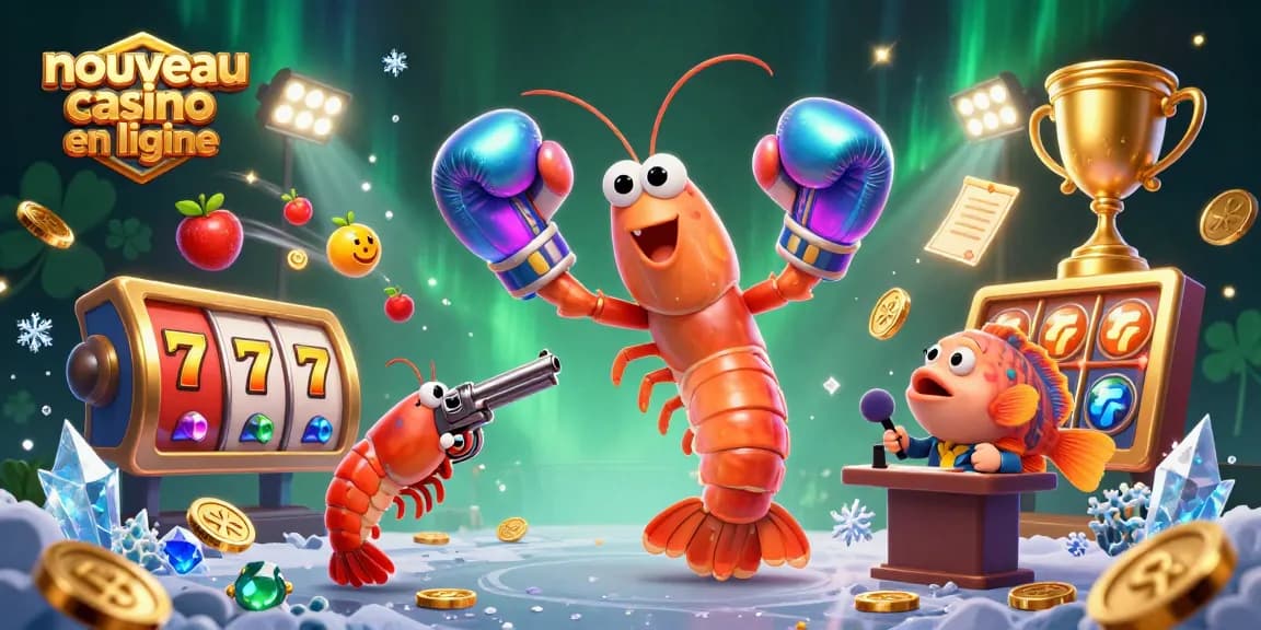 Une scène dynamique du nouveau casino en ligne avec un manteau de crevette en gants de boxe entouré d'éléments de jeu.