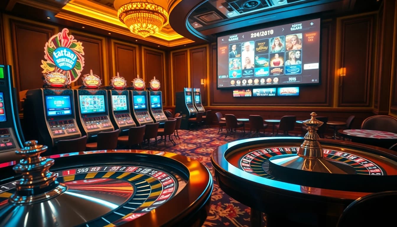 Engage with a vibrant casino scene featuring hentai game interfaces, luxurious roulette wheel, and playful slot machines.