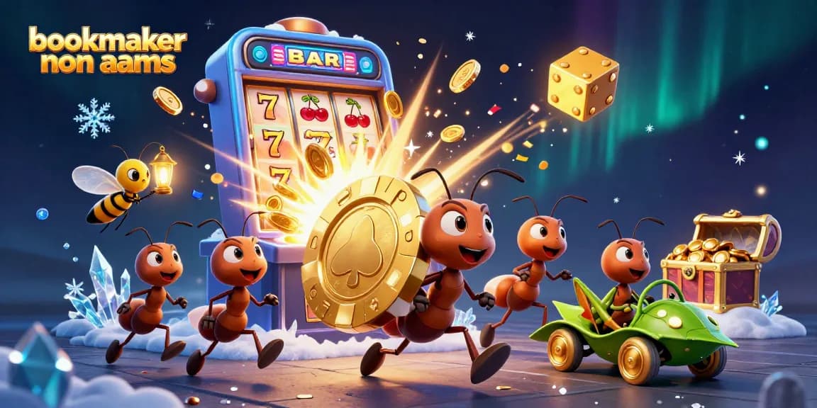 I bookmaker non AAMS sono rappresentati nella scena con formiche e fuochi d'artificio, simboli di casinò e monete d'oro volanti.