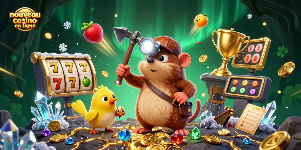 Illustration animée d'un nouveau casino en ligne avec un taupe chasseur de trésor et un canari, riches en détails