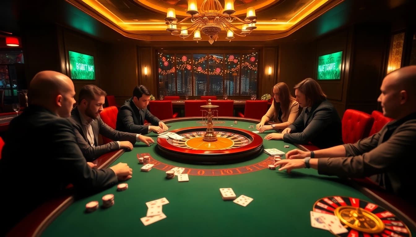 KPI4D players strategizing at a high-stakes poker table in a luxurious casino.