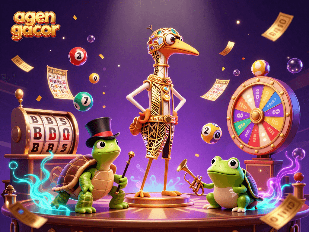 Spin to win with agen gacor at a vibrant casino scene filled with slot reels and lottery elements.