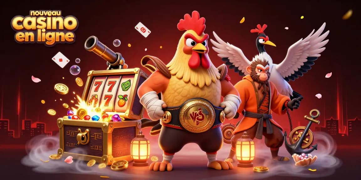 Illustration vibrante d'un nouveau casino en ligne avec un coq Muay Thai et une ambiance de jeu captivante.