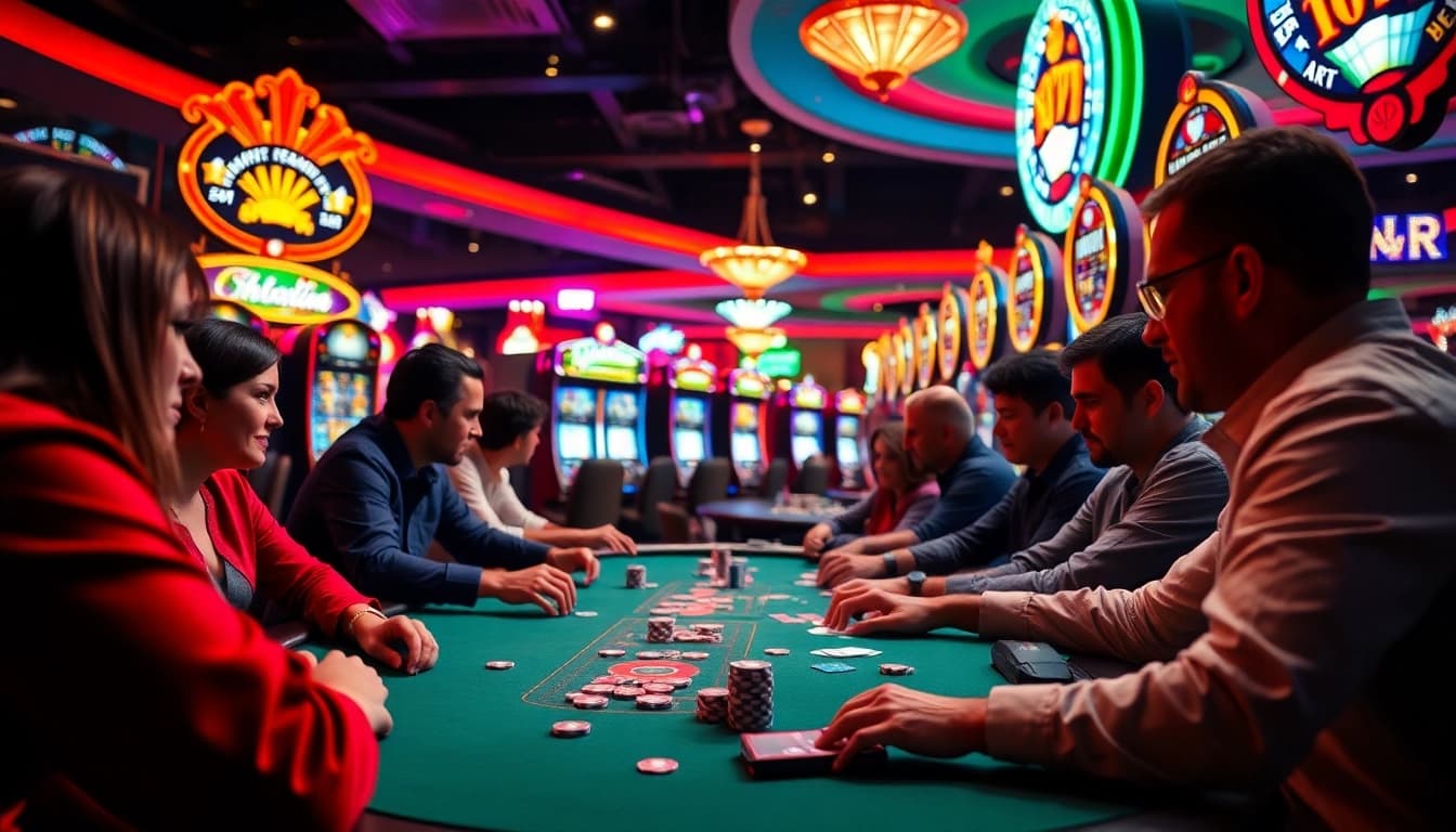 pakde4d menampilkan pemain poker yang bersemangat di kasino berkilau.