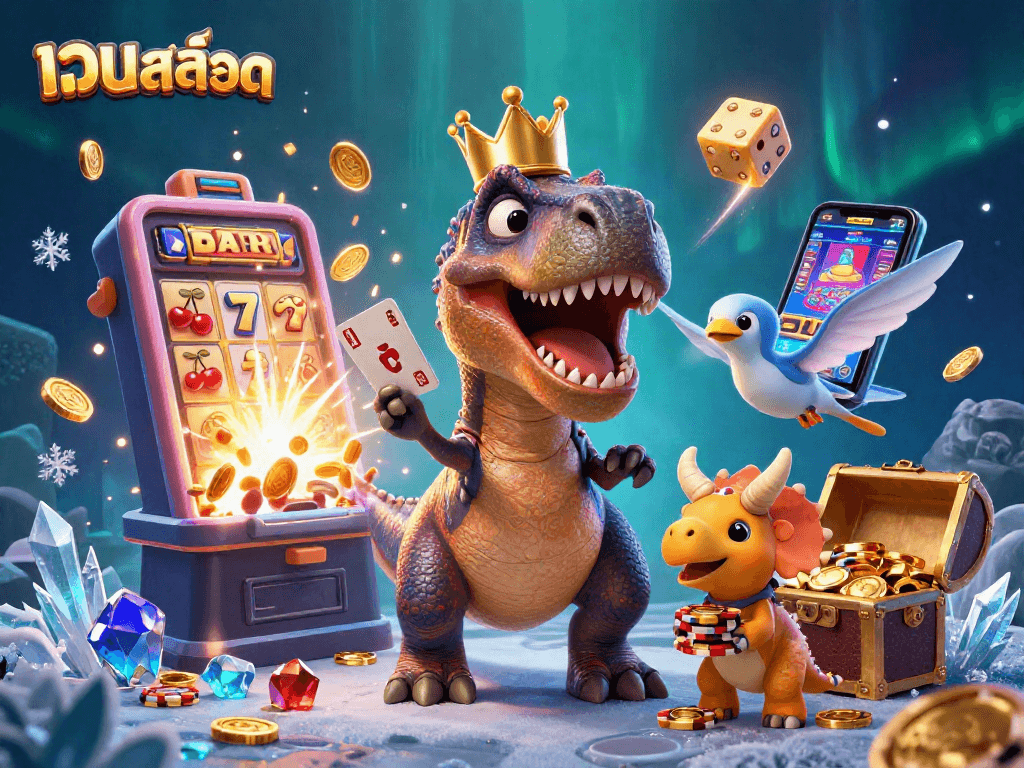 Experience thrilling เว็บสล็อต action with 3D cartoon dinosaurs in a vibrant casino scene.