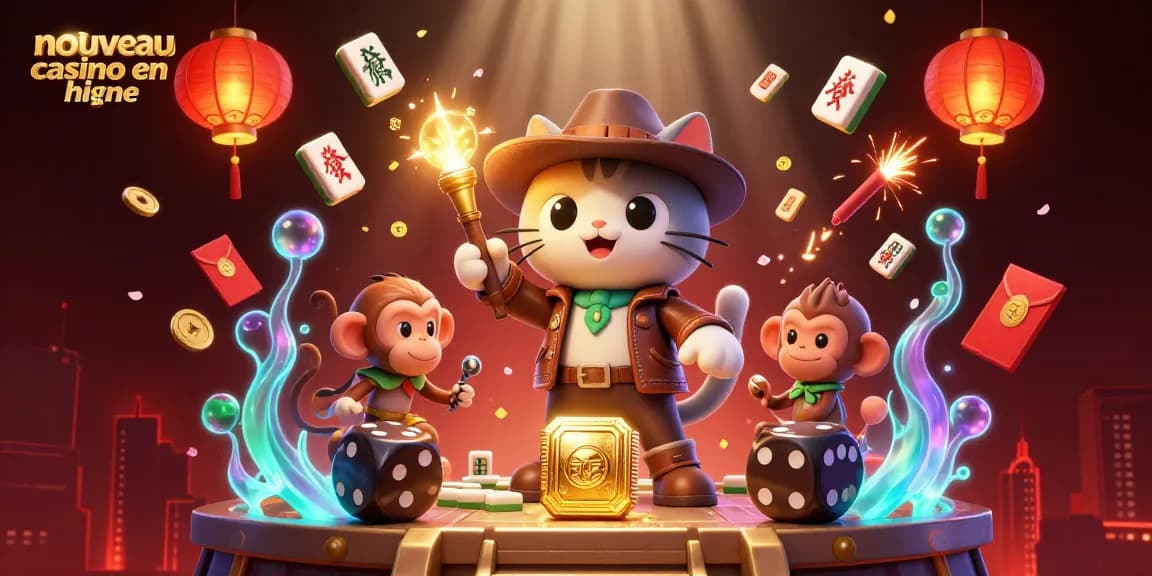 Découvrez une scène dynamique de "nouveau casino en ligne" avec un chat explorateur et un singe, entourés d'éléments de jeu.