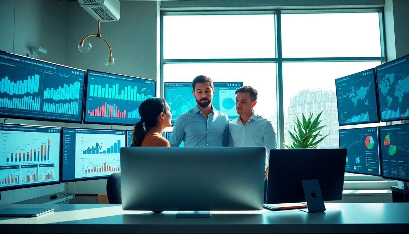 Analyze SEO performance data with a professional marketing team in an office.
