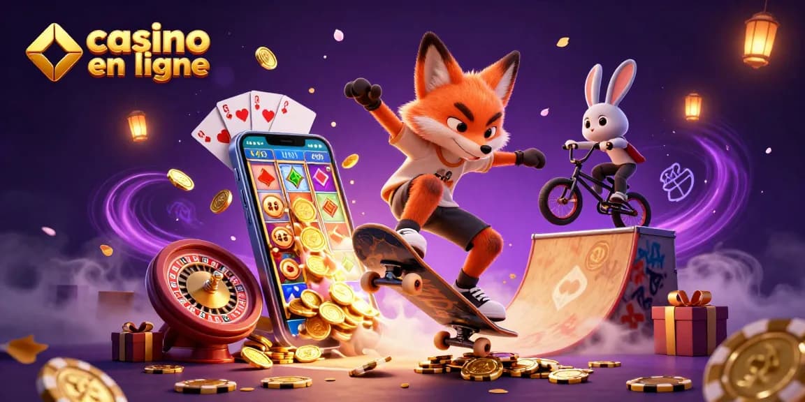 Casinos en ligne : Une illustration dynamique de personnages de jeux de casino entourés de jeux de cartes et de jetons.