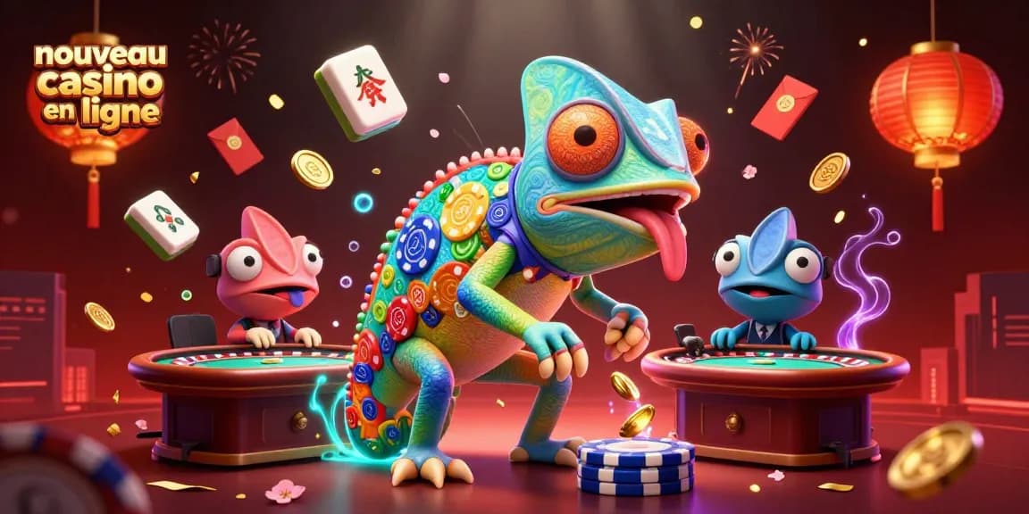 Illustration d'un nouveau casino en ligne avec un caméléon propriétaire captivant et des éléments de jeu colorés