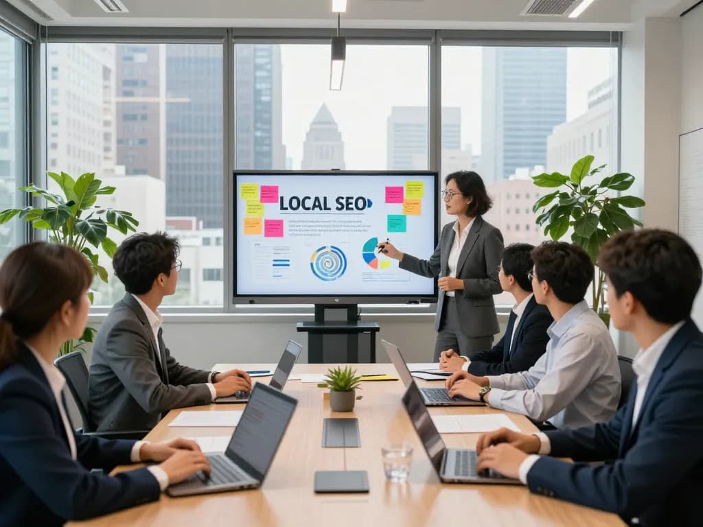Team discussing Local SEO NYC strategies in modern NYC office