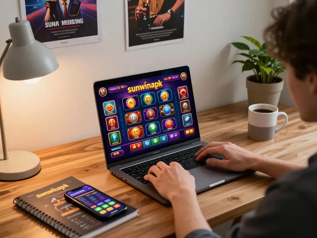 Play interactive games on sunwinapk app from a cozy home desk setup with modern decor.