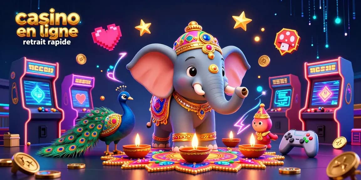 Illustration projetée casino en ligne retrait rapide avec un éléphant diwali et des machines à sous colorées.