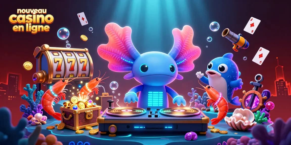 Nouvelle illustration d'un nouveau casino en ligne avec un axolotl DJ coloré et des jeux sous-marins.