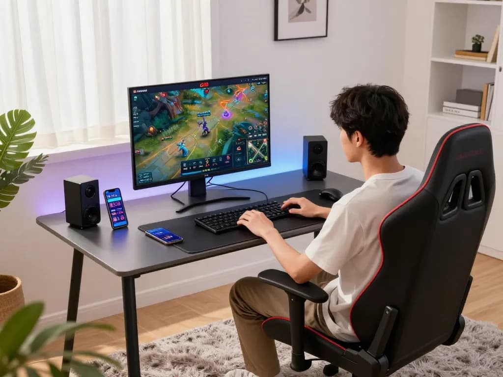 Engaging player experiencing g28 trang chủ on laptop in stylish home gaming setup.
