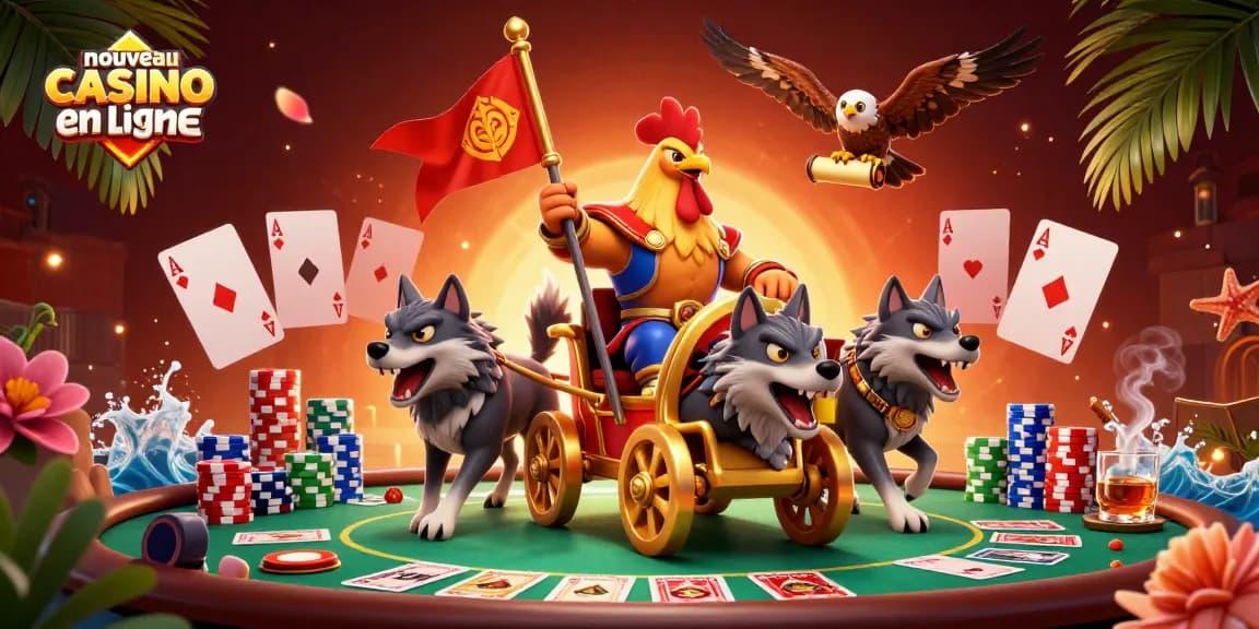 Un tournoi de poker dans un nouveau casino en ligne, avec un roi coq et des éléments de jeux de cartes.