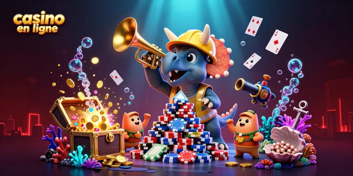 Le casino en ligne animé avec des personnages en 3D célébrant des gains entourés de trésors et de jeux de cartes.