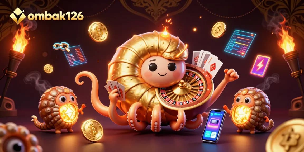 Engage with ombak126 using dynamic 3D visual elements showcasing casino excitement and crypto integration.