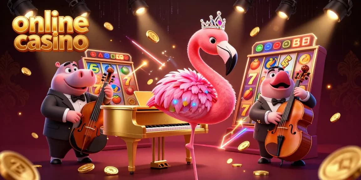Play slot games at this vibrant online casino with dynamic characters and glimmering effects.