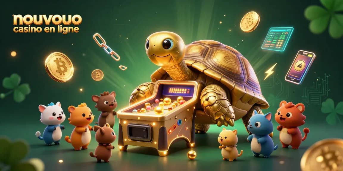 Découvrez un nouveau casino en ligne avec une tortue dorée jouant au flipper et des pièces de crypto-monnaie.