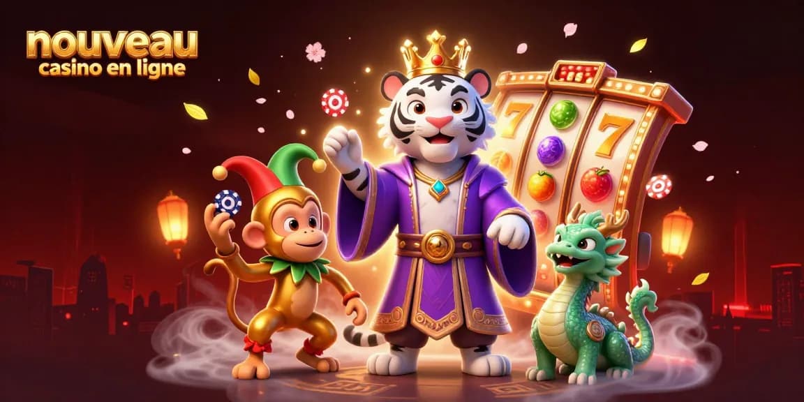 Illustration captivante présentant le nouveau casino en ligne avec un tigre royal, un singe jongleur et une scène dynamique