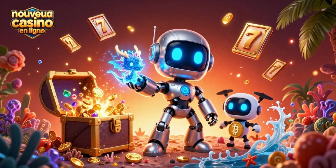 Célébrez le nouveau casino en ligne avec un robot 3D mascotte et un dragon holographique dans un décor dynamique.